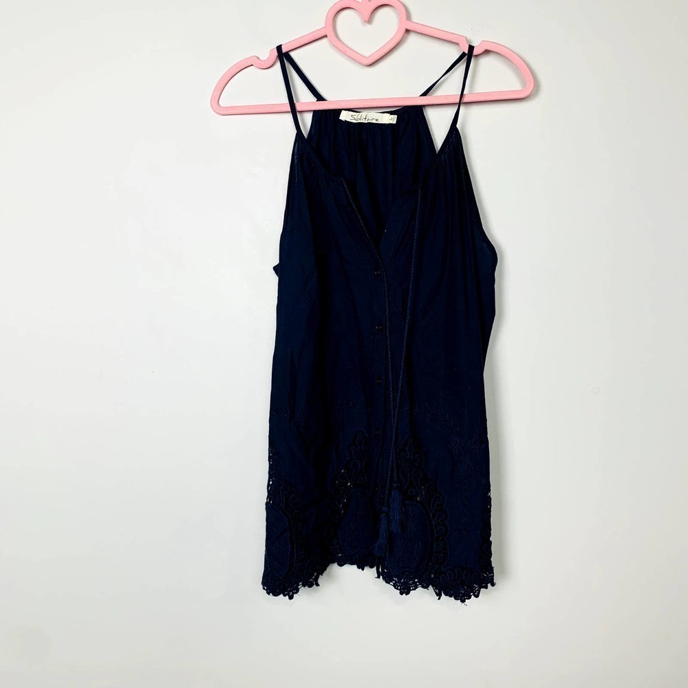 Anthropologies Solitaire Embroidered Eyelet Tassel Tie Tank Top Navy Blue Large